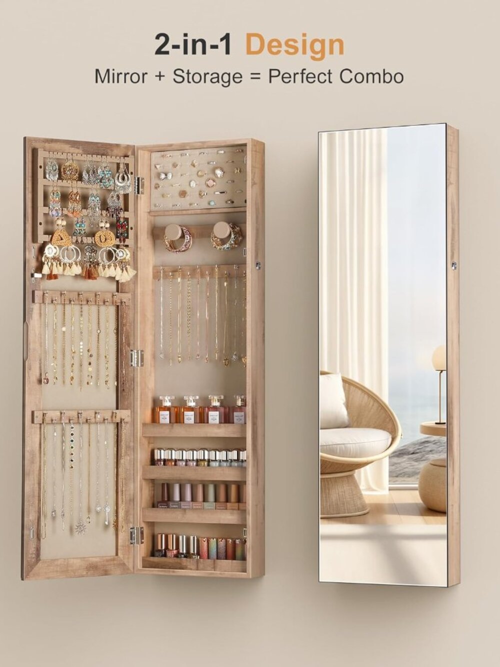 Mirror Jewelry Cabinet, Jewelry Armoire with Full Length Mirror,Mirror with Jewe - Picture 6 of 7